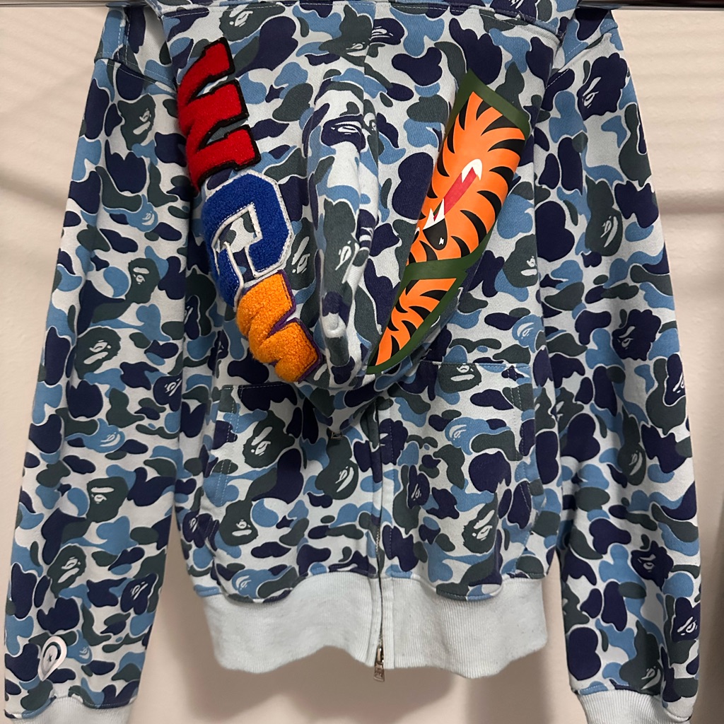 Bape Blue And Green Camouflage Hoodie With Ribbed Cuffs